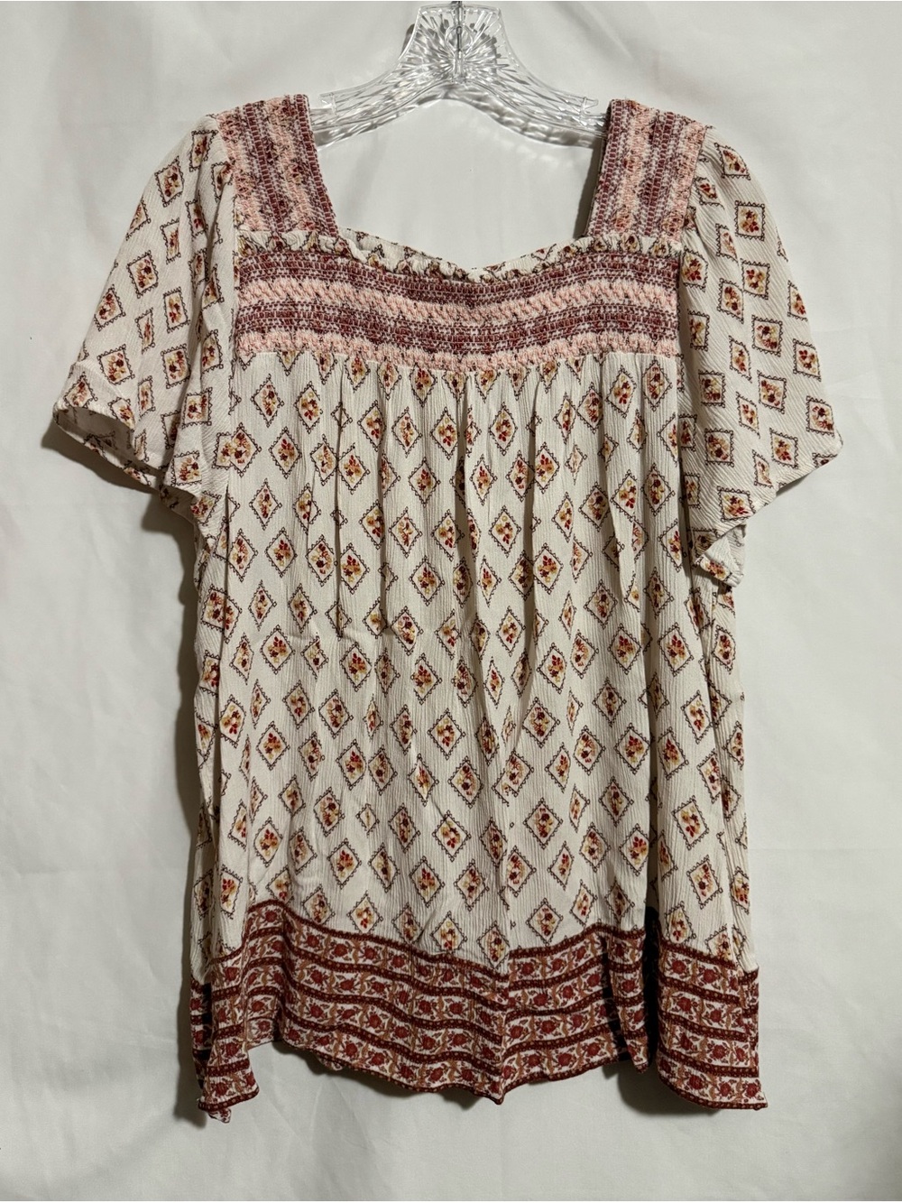 Nurture by Westbound Women’s L Cream/Brown Geometric Rayon Smocked Square Neck
